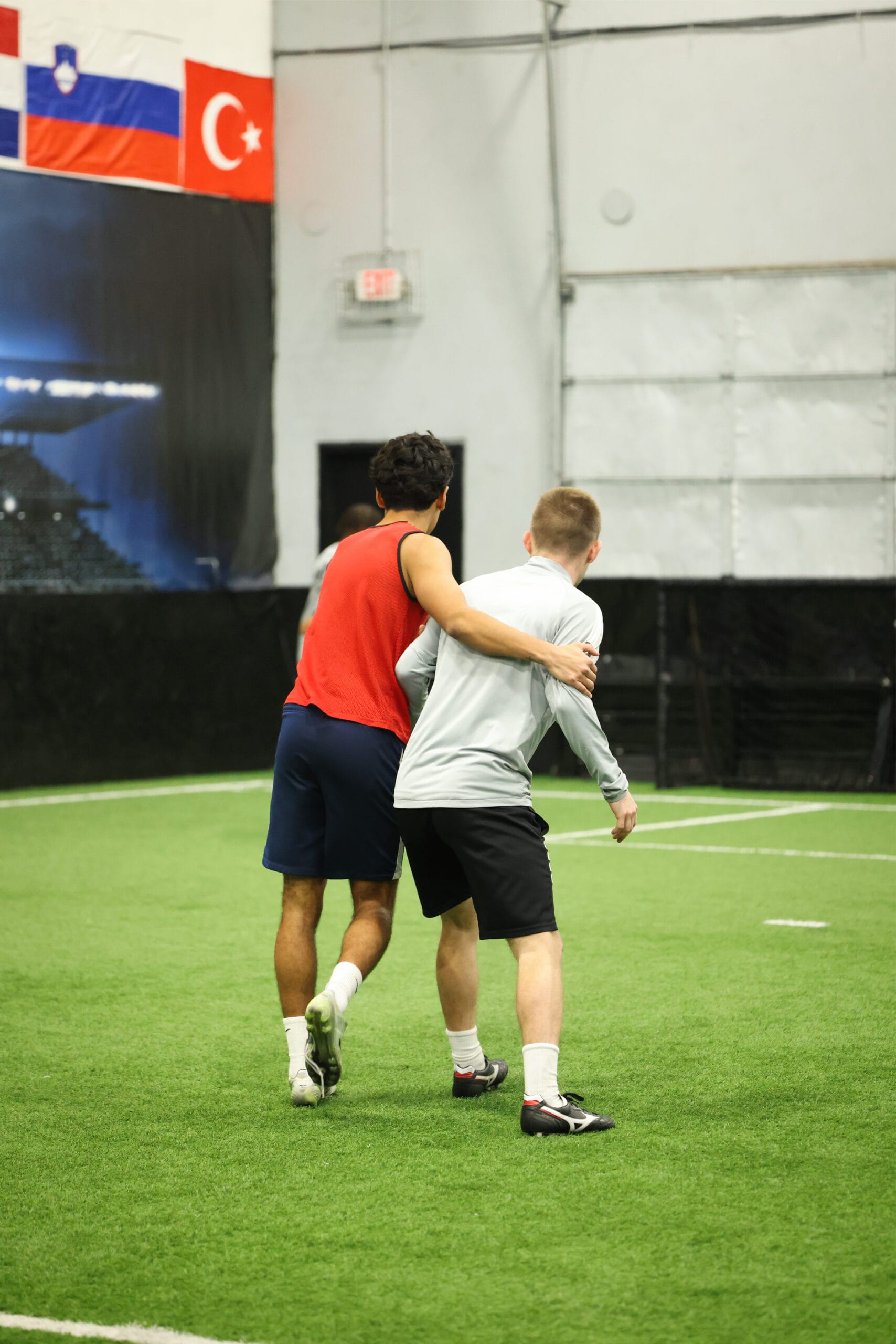 5K2A0638 Two soccer players working on positioning and physical awareness during indoor soccer training in New Jersey